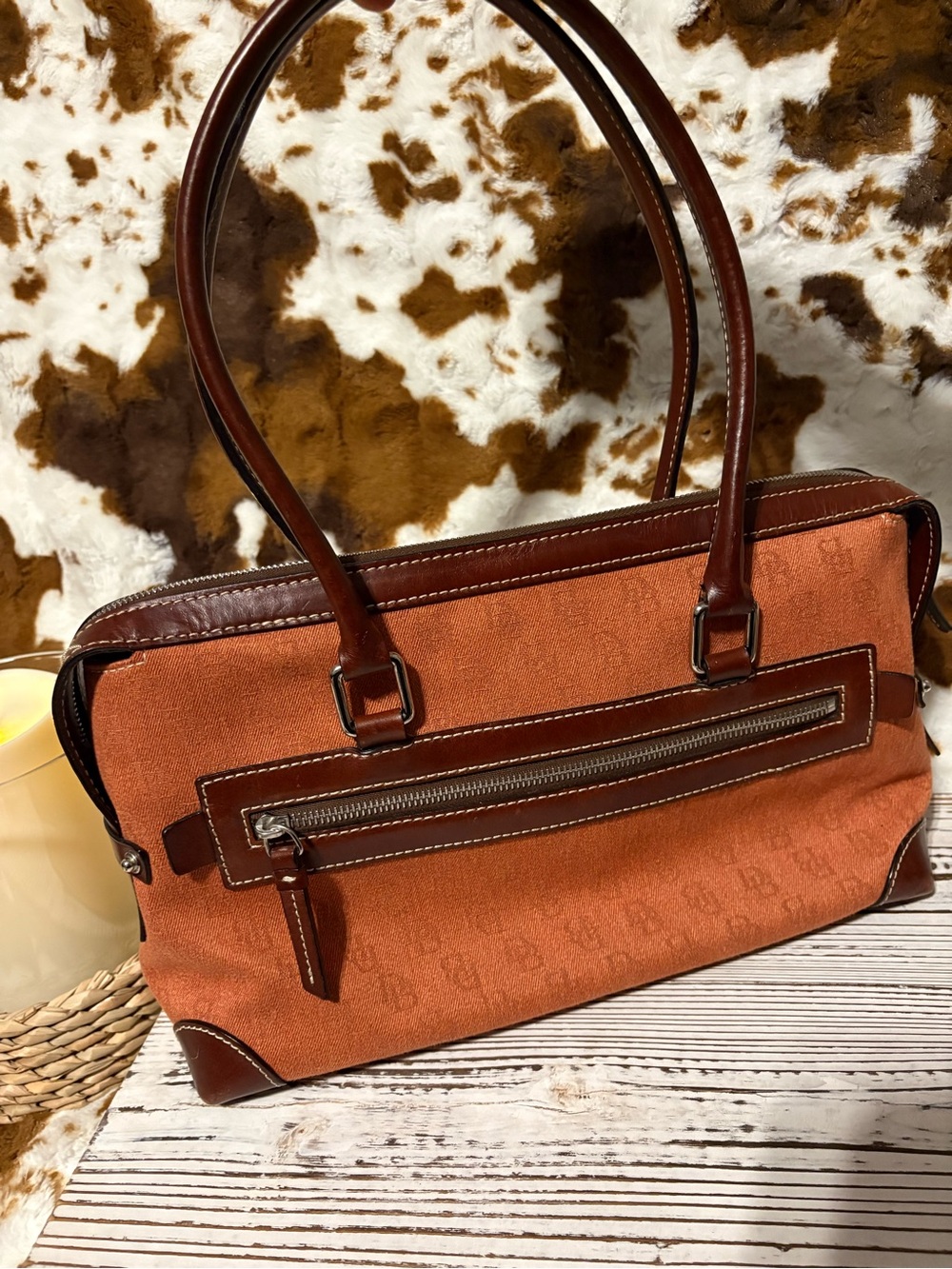 Dooney & Bourke Burnt Orange and Brown Leather-Trim Shoulder Bag with Wristlet - Picture 2 of 9